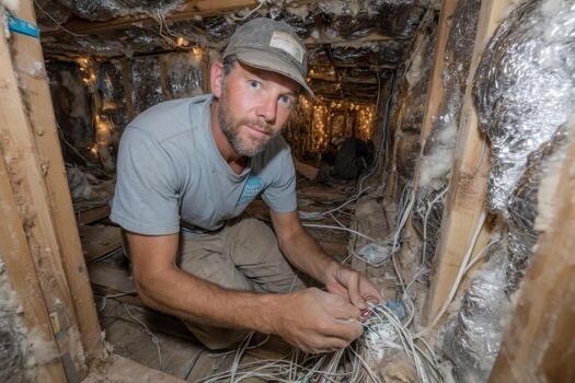 A man in a hat is working on wires in a small room photo