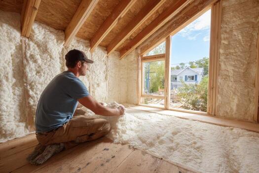 A man sitting on the floor in an attic with insulation photo