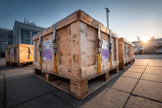 Wooden crates stacked on pallets in front of a building photo
