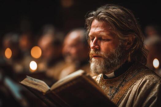 A man with a beard and beard reading a book photo