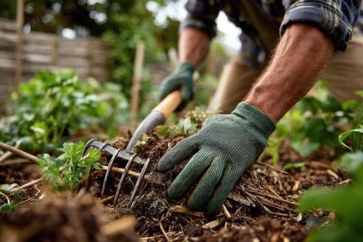 A man is digging dirt with a rake photo