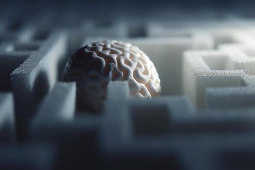 Brain navigating through a complex maze representing thought processes and challenges in a creative setting photo
