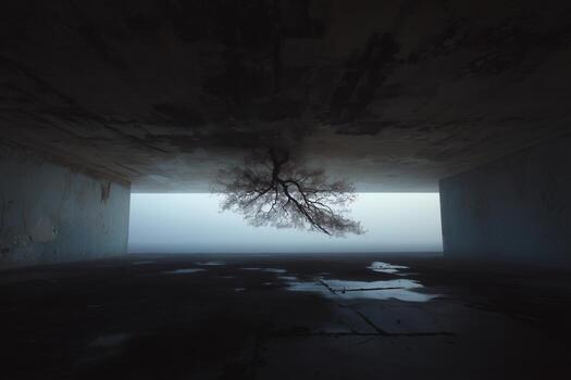 Mysterious tree emerging in a foggy, abandoned space under a concrete structure photo
