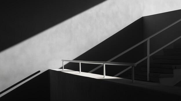 Light and shadow create dynamic patterns on modern architecture staircase during midday sunlight photo