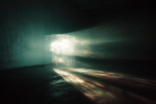Light beams emerge from a translucent cube creating a surreal atmosphere in a dimly lit space photo