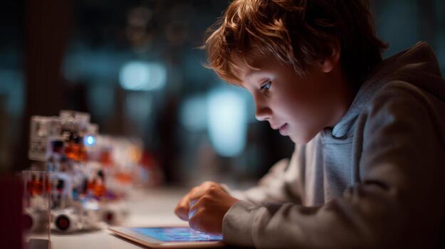 niño se involucra con tableta mientras edificio robots en un tenuemente iluminado taller durante noche horas foto