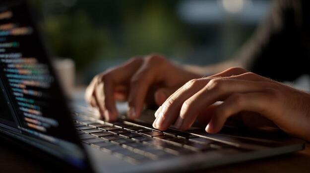 cerca ver de manos mecanografía en un ordenador portátil con programación código visible en el pantalla durante un soleado tarde foto