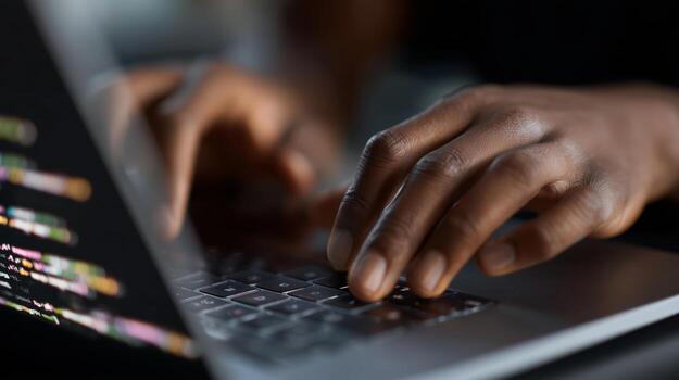 manos comprometido en codificación en un ordenador portátil con vistoso texto en pantalla, exhibiendo programación habilidades y creatividad foto