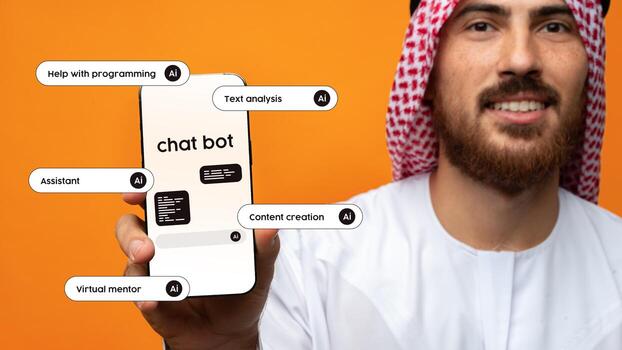 Man in traditional attire presents a chatbot on a mobile device with features including AI assistance in various tasks photo