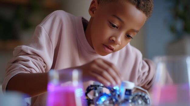 Young child experiments with robotics and colorful liquids in a creative learning environment during late afternoon photo