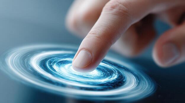 Woman finger touching interactive digital screen generating blue ripple effect, concept of futuristic technology and user interface photo