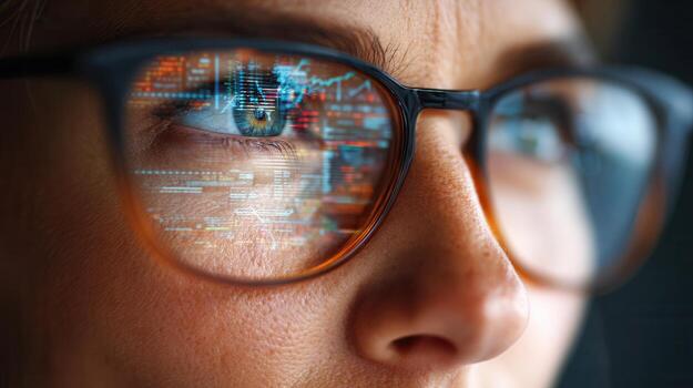 cerca arriba de un programador desarrollo con computadora código reflejando en su anteojos, trabajando su atención y pericia en software exhibiendo foto