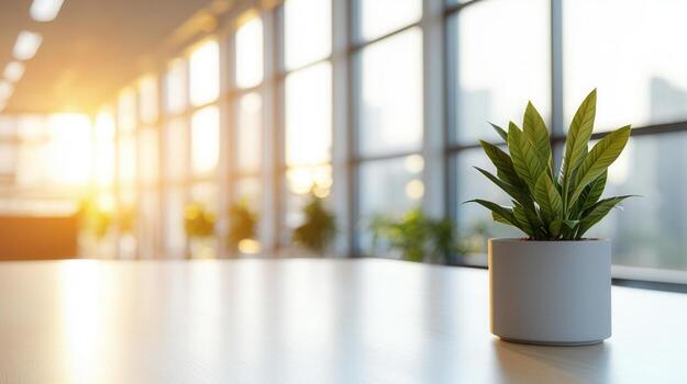 Potted and adds a touch of plant to a blurred, sunlit office environment, creating a calming nature productive workspace photo