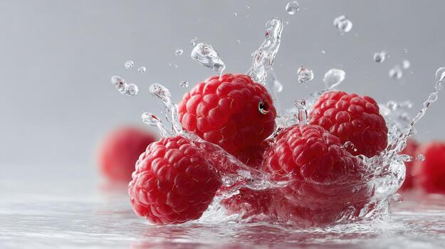 Ripe raspberries dropping into clear water, splashing dynamically and highlighting fresh, nutritious produce photo