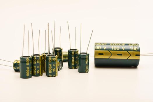 Electrolytic capacitors of different nominal values. Energy storage devices. Electronic radio elements. photo