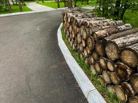 A neatly arranged pile of logs positioned by the roadside adds significant visual appeal, benefiting not only landscaping projects but also facilitating various logging activities photo