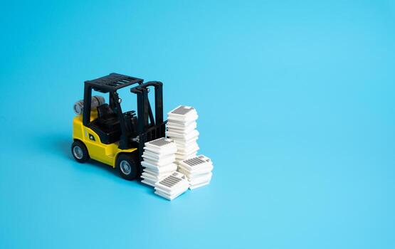 Forklift and tons of paperwork. High bureaucracy. administrative overload. Inefficient workflows. Government complexity, outdated processes. Excessive documentation burden. photo