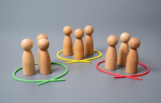 Separation into groups of agreeers and disagreers. Marketing segmentation. Audience segmentation for targeted marketing, data-driven decision making, opinion polarization. photo