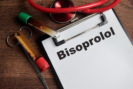 Concept of Bisoprolol write on clipboard isolated on Wooden Table. photo