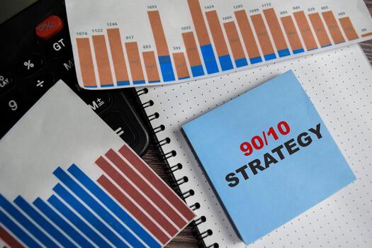 Concept of 90 10 Strategy write on sticky notes isolated on Wooden Table. photo