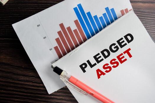 Concept of Pledged asset write on clipboard isolated on Wooden Table. photo