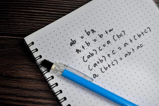 basic math operation write on book isolated on Wooden Table. photo