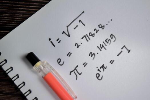 Concept of famous euler equation write on book isolated on Wooden Table. photo