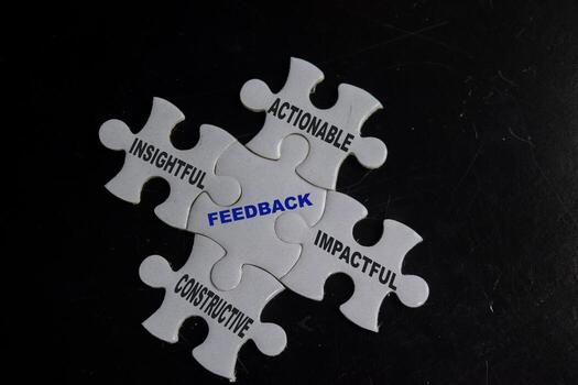 piece of jigsaw puzzle with word feedback with keywords. Business and finance concept photo