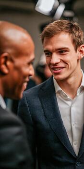 A man in a suit and tie talking to another man photo
