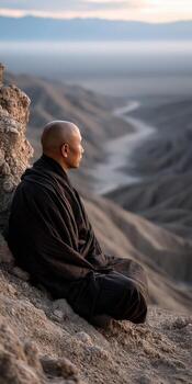 A monk sits on the edge of a mountain overlooking a valley photo