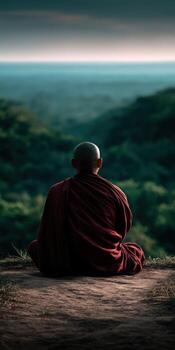 A monk sitting on a hill overlooking the forest photo