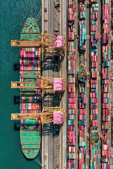 An aerial view of a container ship in the water photo