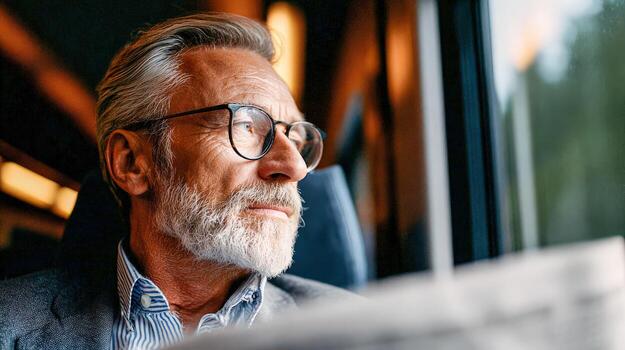 An older man with glasses and a beard looking out the window photo