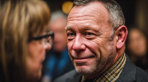 A man with a beard and glasses talking to another person photo