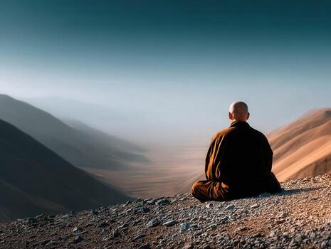 A man sitting in meditation in the desert photo