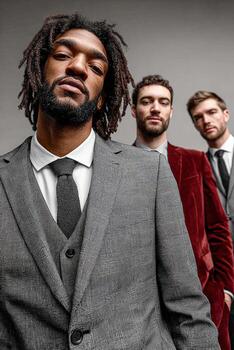 A man with dreadlocks standing next to three other men photo