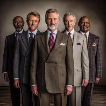 Five men in suits pose in a row looking at the camera photo