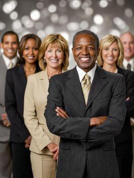 Diverse business team smiling confidently together in studio photo