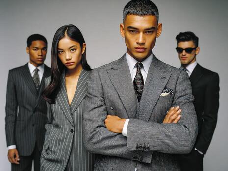 Four confident individuals in suits pose in front of plain backdrop photo