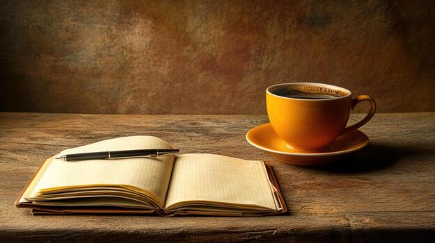 A cup of coffee and an open notebook on a wooden table photo