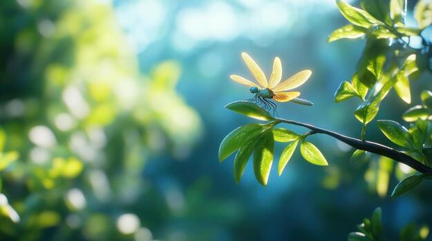 A dragonfly rests on a branch in a lush forest, bathed in sunlight photo