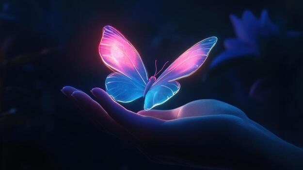 A glowing butterfly rests on a hand in a dark garden photo