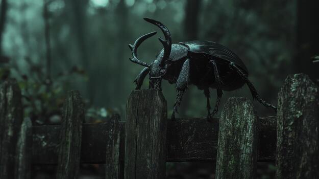 A large dark beetle on a weathered wooden fence in a misty forest photo