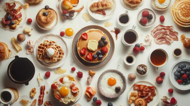 A colorful array of breakfast food items laid out on a white surface photo