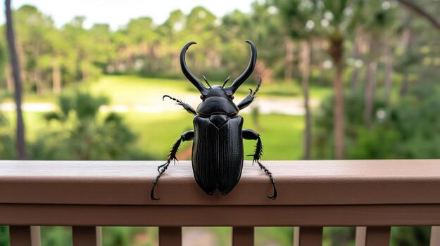 A large black beetle sits on a railing, focused against a blurred background of trees and a golf course photo