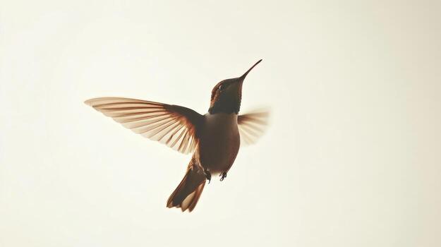 A hummingbird in flight against a plain background photo