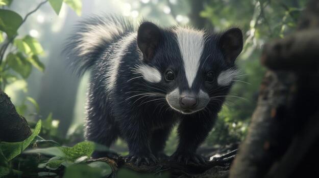 A cute, black and white weasel-like creature in a lush forest setting photo