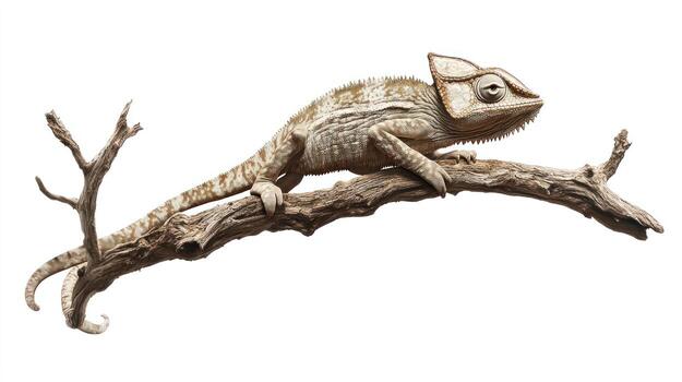 A chameleon perched on a branch against a white background photo
