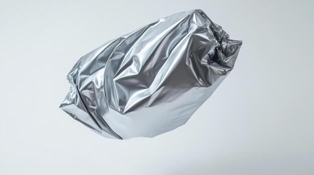 A crumpled, metallic foil packet floats against a plain background photo