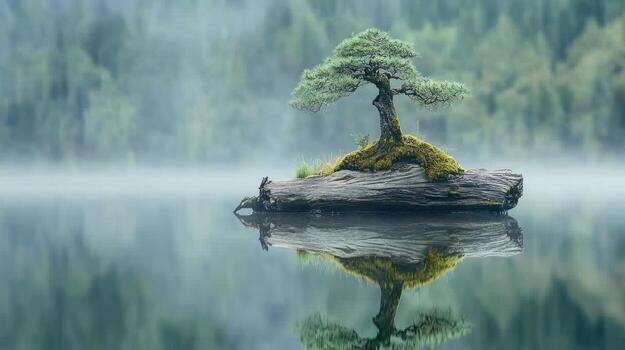 A serene bonsai on a log raft, mirrored in a calm lake, surrounded by a misty forest photo